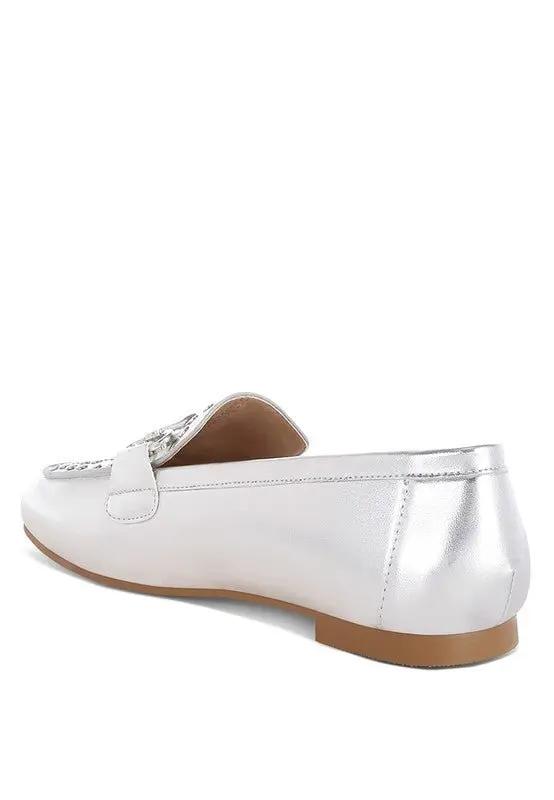 Estafa Horsebit & Studs Metallic Pleather Loafers for Women - Love Salve